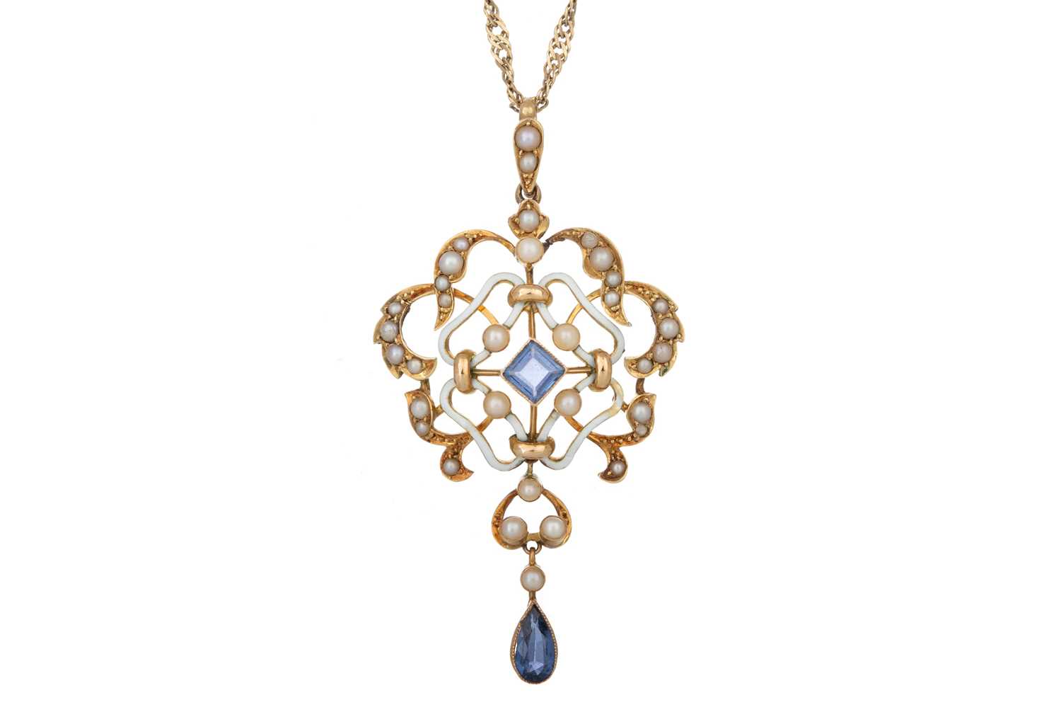 Lot 690 - SAPPHIRE AND PEARL HOLBEIN PENDANT