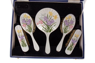 Lot 60a - SILVER AND GUILLOCHE ENAMEL FIVE PIECE DRESSING TABLE SET