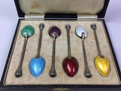 Lot 21 - SET OF SIX SILVER AND ENAMEL COFFEE SPOONS