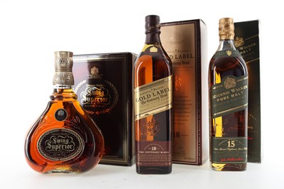 Lot 99 - JOHNNIE WALKER 18 YEAR OLD GOLD LABEL, 15 YEAR OLD GREEN LABEL AND SWING 75CL