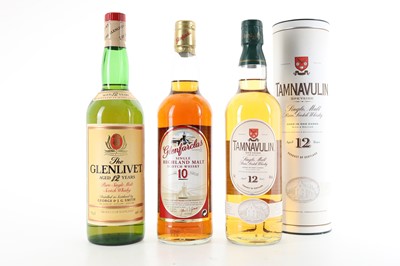 Lot 98 - GLENFARCLAS 10 YEAR OLD, GLENLIVET 12 YEAR OLD 75CL AND TAMNAVULIN 12 YEAR OLD