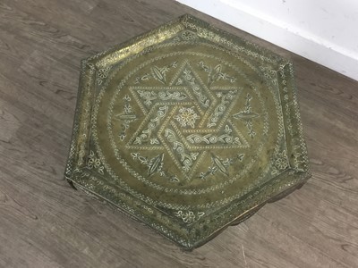 Lot 56 - THREE PERSIAN / ISLAMIC BRASS CHARGERS AND AN OCCASIONAL TABLE