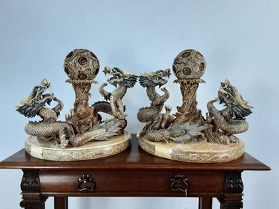 Lot 1180 - LARGE AND IMPRESSIVE PAIR OF JAPANESE CARVED BONE CENTREPIECES