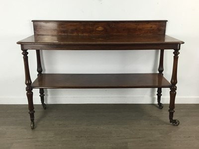 Lot 1276 - INLAID MAHOGANY TWO TIER BUFFET TABLE