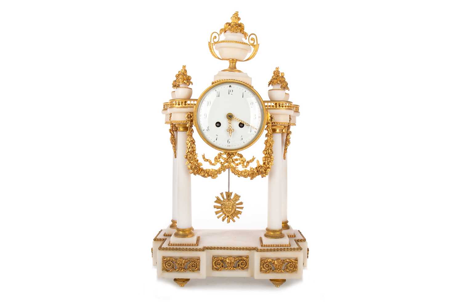 Lot 988 - FRENCH WHITE MARBLE AND GILT METAL PILLARED MANTEL CLOCK