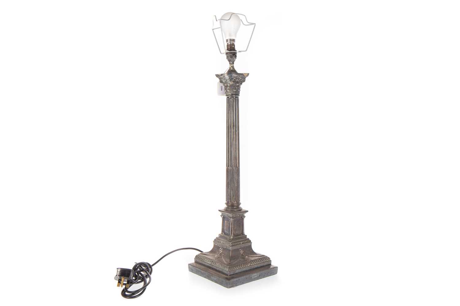 Lot 1199 - SILVER PLATED CORINTHIAN COLUMN TABLE LAMP