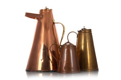 Lot 3 - W. A. S. BENSON (BRITISH, 1854-1924), MATCHED AND GRADUATED SET OF THREE HOT WATER JUGS