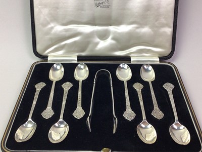 Lot 347 - SET OF EIGHT SILVER COFFEE SPOONS AND TONGS
