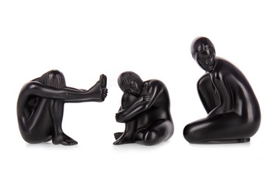 Lot 1342 - LALIQUE, SET OF THREE BLACK GLASS NUDE FIGURES