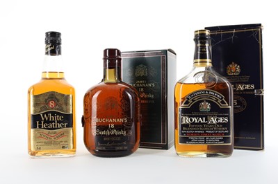 Lot 152 - BUCHANAN'S 18 YEAR OLD, ROYAL AGES 15 YEAR OLD 75CL AND WHITE HEATHER 8 YEAR OLD 75CL