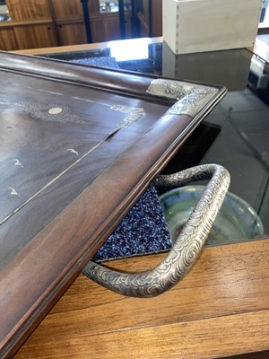 Lot 782 - CHINESE HARDWOOD AND SILVER INLAID TWIN HANDLED TRAY ON STAND