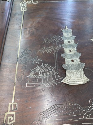 Lot 782 - CHINESE HARDWOOD AND SILVER INLAID TWIN HANDLED TRAY ON STAND