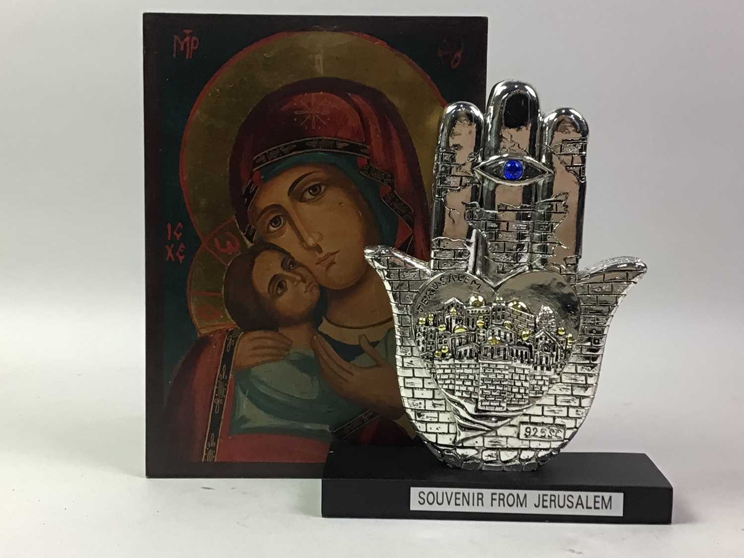 Lot 32 - HAND PAINTED RELIGIOUS ICON DEPICTING MADONNA AND CHILD