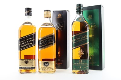 Lot 248 - JOHNNIE WALKER 15 YEAR OLD GREEN LABEL AND 2 BOTTLES OF JOHNNIE WALKER 12 YEAR OLD BLACK LABEL 75CL