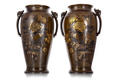 Lot 827 - PAIR OF JAPANESE BRONZE AND MIXED METAL VASES
