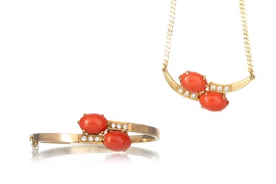 Lot 562 - CORAL AND DIAMOND BANGLE AND NECKLET
