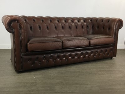 Lot 595 - BROWN LEATHER THREE SEATER CHESTERFIELD SOFA