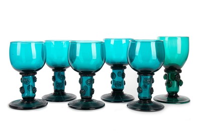 Lot 1413 - SET OF FIVE 19TH CENTURY GREEN GLASS ROEMERS AND A SIMILAR EXAMPLE