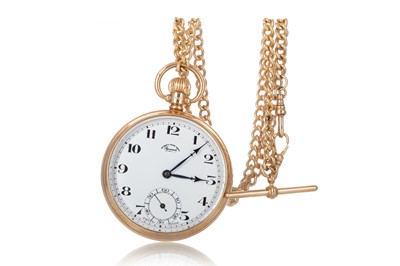 Lot 850 - NINE CARAT GOLD OPEN FACE POCKET WATCH AND CHAIN