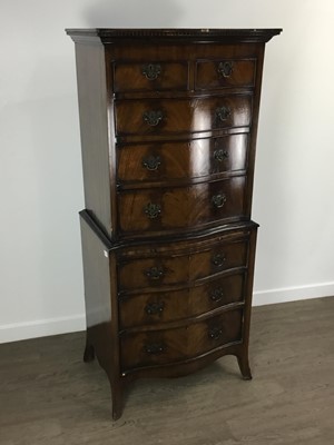 Lot 350 - REPRODUCTION MAHOGANY SERPENTINE FRONTED CHEST ON CHEST