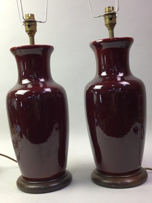 Lot 319 - PAIR OF CHINESE STYLE FLAMBE LAMPS