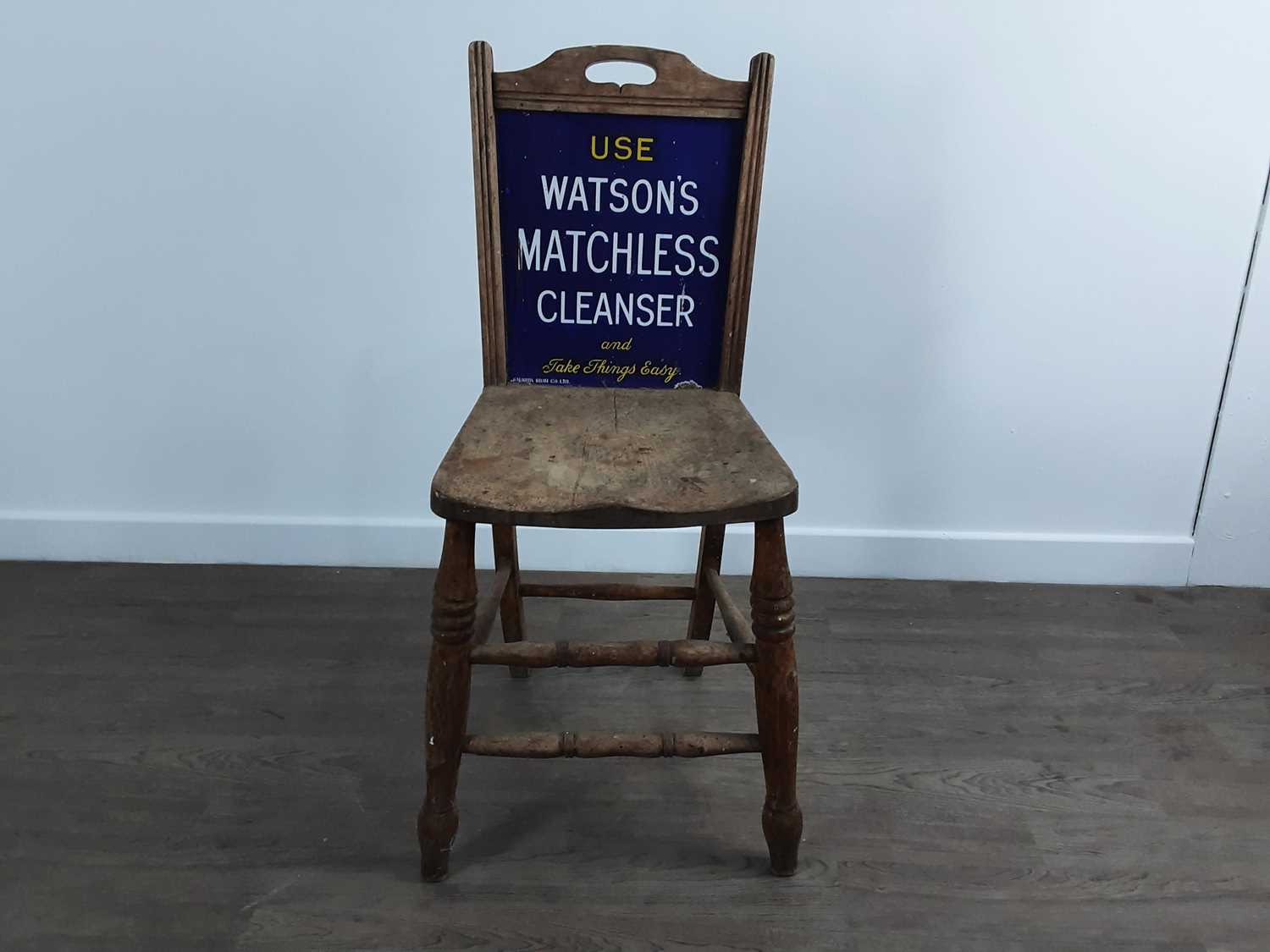 Lot 84 - WATSON'S MATCHLESS CLEANSER, ENAMEL BACK ADVERTISMENT CHAIR