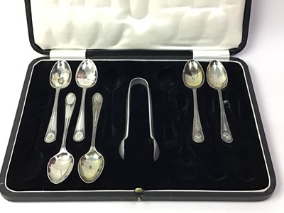 Lot 534 - SET OF SIX SILVER TEASPOONS AND SUGAR TONGS