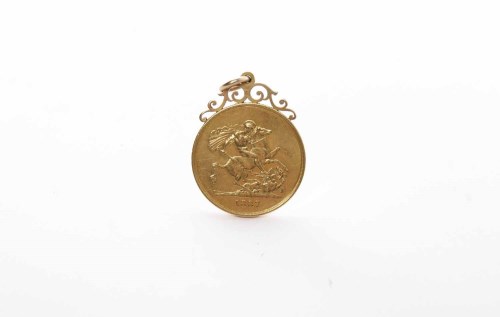 Lot 616 - GOLD £5 COIN DATED 1887 with soldered pendant...
