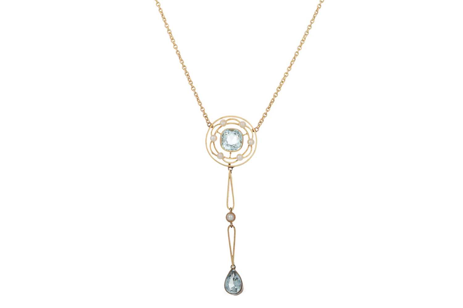 Lot 408 - AQUAMARINE AND PEARL PENDANT ALONG WITH A BAR BROOCH