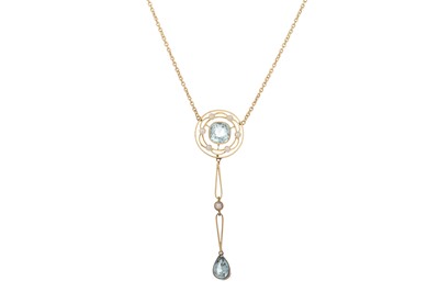 Lot 408 - AQUAMARINE AND PEARL PENDANT ALONG WITH A BAR BROOCH