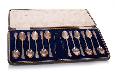 Lot 1304 - SET OF TWELVE SILVER TEASPOONS AND TONGS