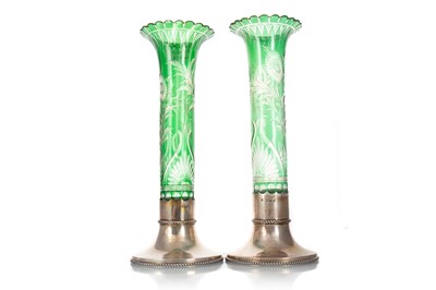 Lot 1312 - PAIR OF VICTORIAN SILVER MOUNTED GREEN AND CLEAR GLASS VASES