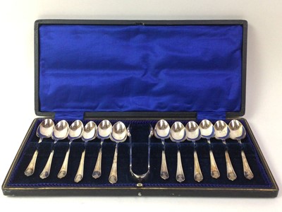 Lot 166 - SET OF TWELVE PLATED COFFEE SPOONS WITH TONGS
