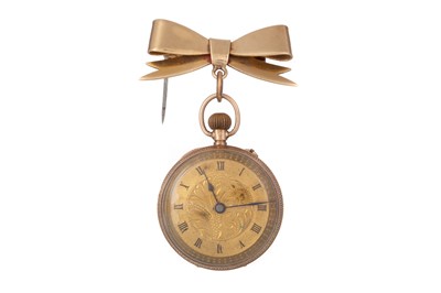 Lot 810 - NINE CARAT GOLD FOB WATCH WITH BOW BROOCH
