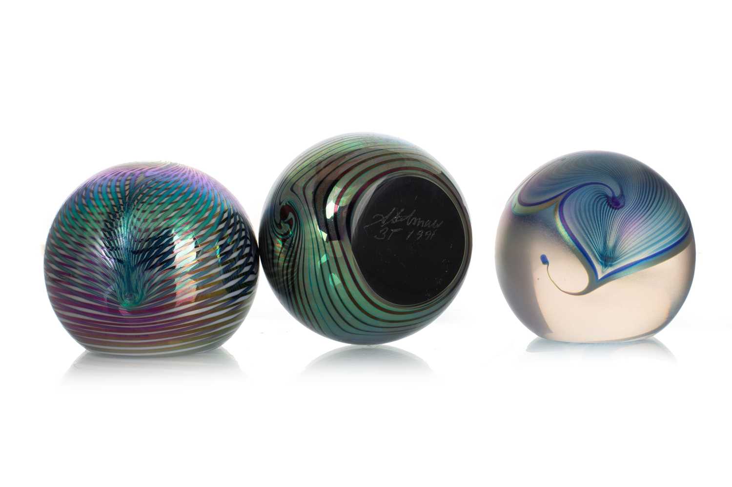 Lot 72 - ABELMAN, THREE IRIDESCENT GLASS PAPERWEIGHTS,