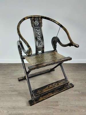 Lot 1255 - PAIR OF CHINESE HARDWOOD MING-STYLE FOLDING HORSESHOE-BACK CHAIRS
