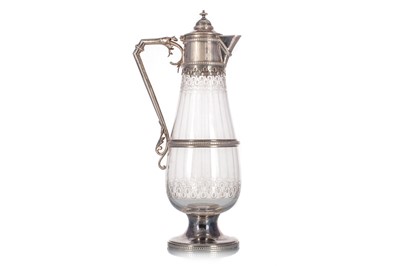 Lot 1330 - VICTORIAN GOTHIC REFORM SILVER PLATE AND CLEAR GLASS CLARET JUG