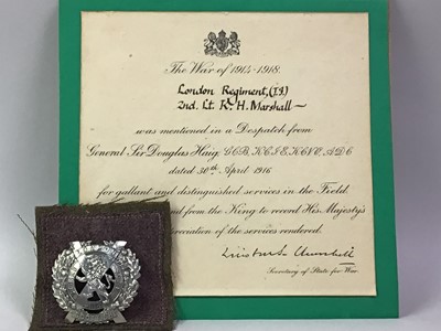 Lot 524 - WWI MENTIONED IN DESPATCH CERTIFICATE, SECOND LIEUTENANT KEITH MARSHALL