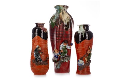 Lot 951 - THREE JAPANESE SUMIDA POTTERY VASES