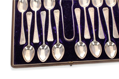 Lot 1358 - SET OF TWELVE SILVER TEASPOONS AND TONGS