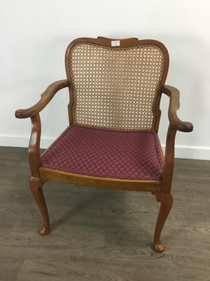 Lot 346 - CANE BACKED ELBOW CHAIR