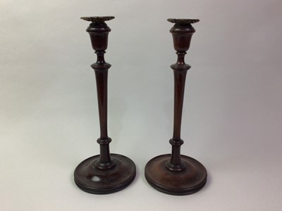 Lot 361 - PAIR OF TURNED MAHOGANY CANDLESTICKS