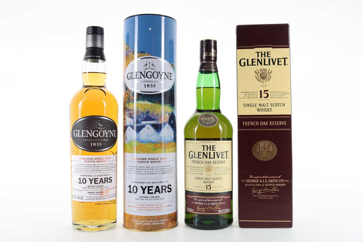 Lot 64 - GLENLIVET 15 YEAR OLD FRECH OAK RESERVE AND GLENGOYNE 10 YEAR OLD JOLOMO GLASGOW SCHOOL OF ART MAKINTOSH APPEAL