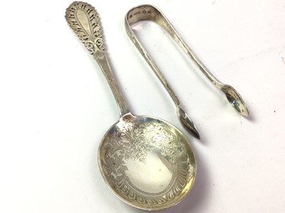 Lot 513 - SET OF TWELVE SILVER TEASPOONS, TONGS AND A SPOON