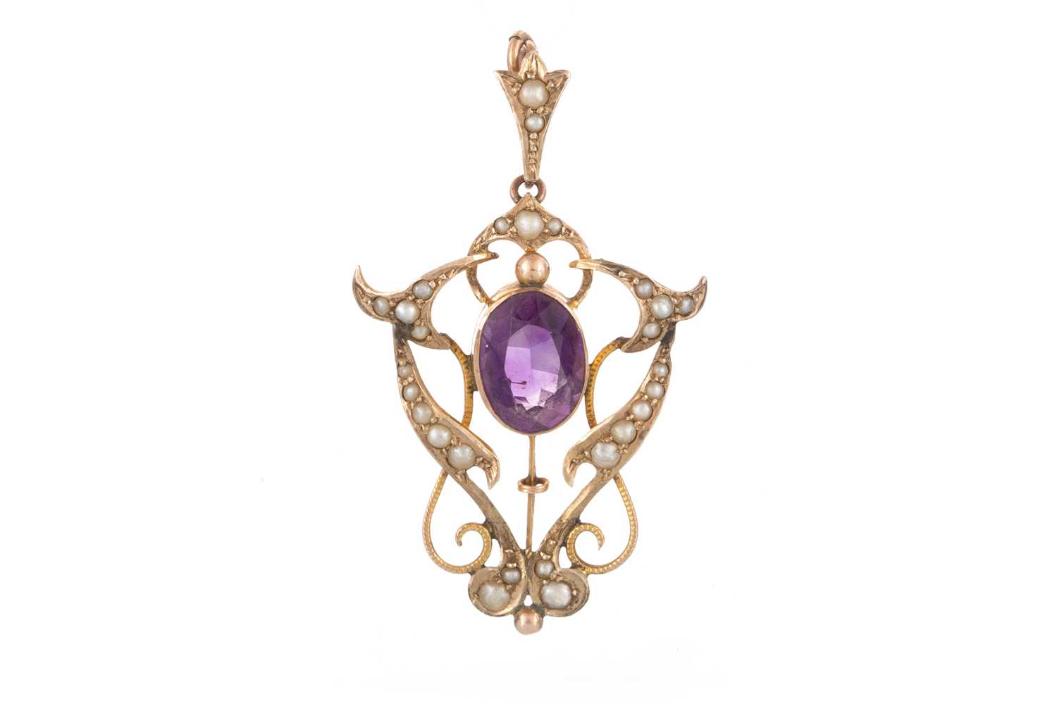 Lot 466 - TWO EDWARDIAN AMETHYST AND SEED PEARL HOLBEIN PENDANTS