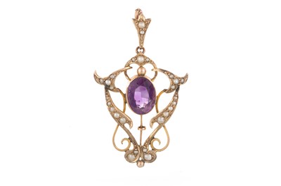 Lot 466 - TWO EDWARDIAN AMETHYST AND SEED PEARL HOLBEIN PENDANTS