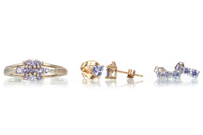 Lot 473 - TANZANITE PENDANT, RING, AND TWO PAIRS OF EARRINGS