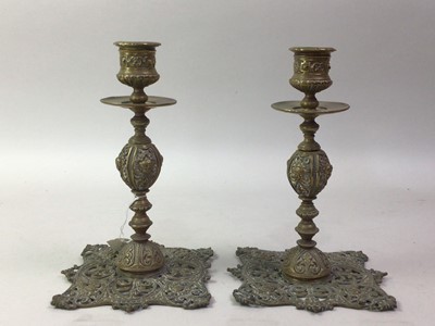 Lot 82 - PAIR OF BRASS KING OF DIAMONDS CANDLESTICKS