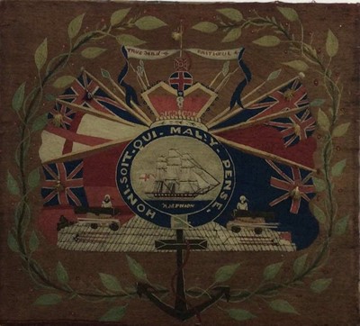 Lot 591 - H.M.S. AMPHION, VICTORIAN EMBROIDERED PANEL