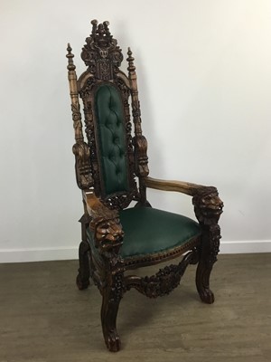 Lot 289 - REPRODUCTION CARVED OAK 'THRONE' CHAIR